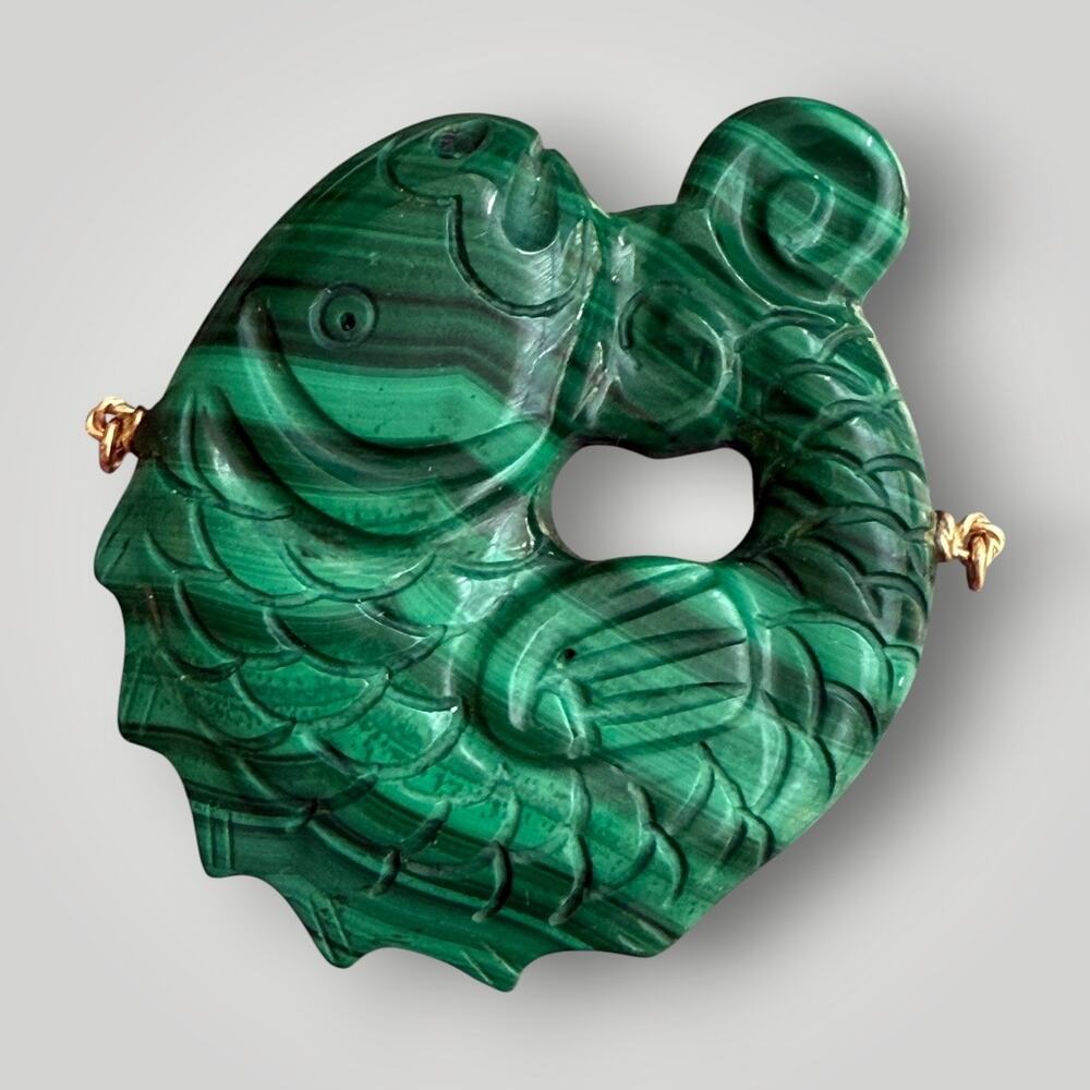 Carved Malachite Fish Pendant 14K Gold Connectors Green Stone Asian Style Charm